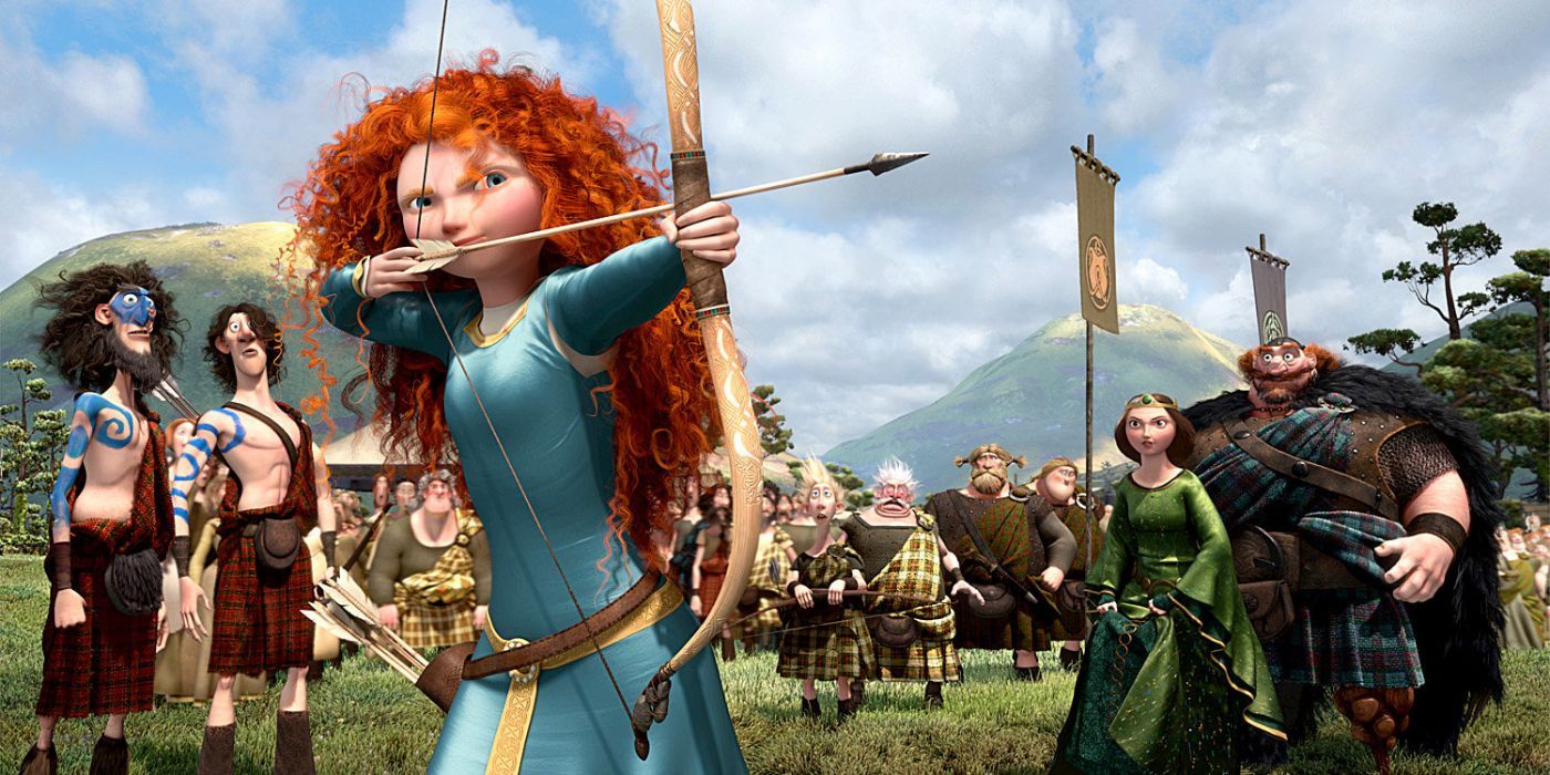 Merida shooting in arrow in front of all the clans in Brave
