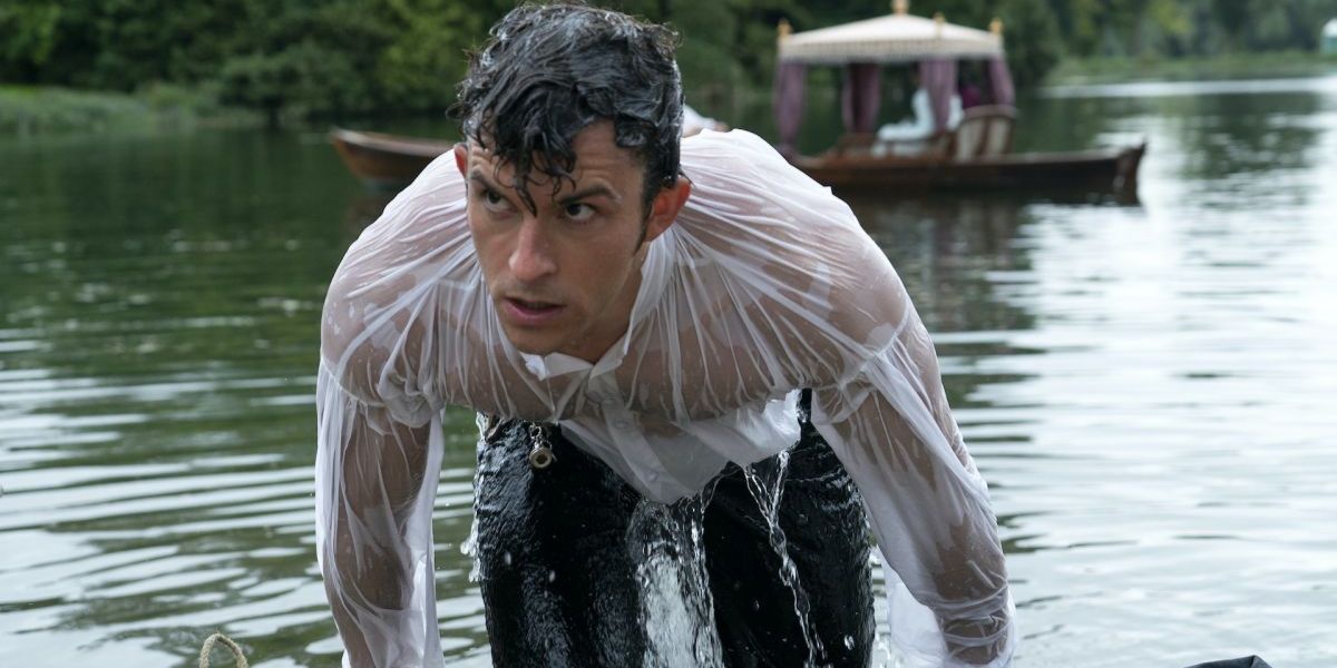 Anthony getting out of the lake, dripping wet in Bridgerton season 2