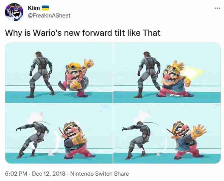 Wario's new tilt move in Smash Bros is used on Snake suggestively.