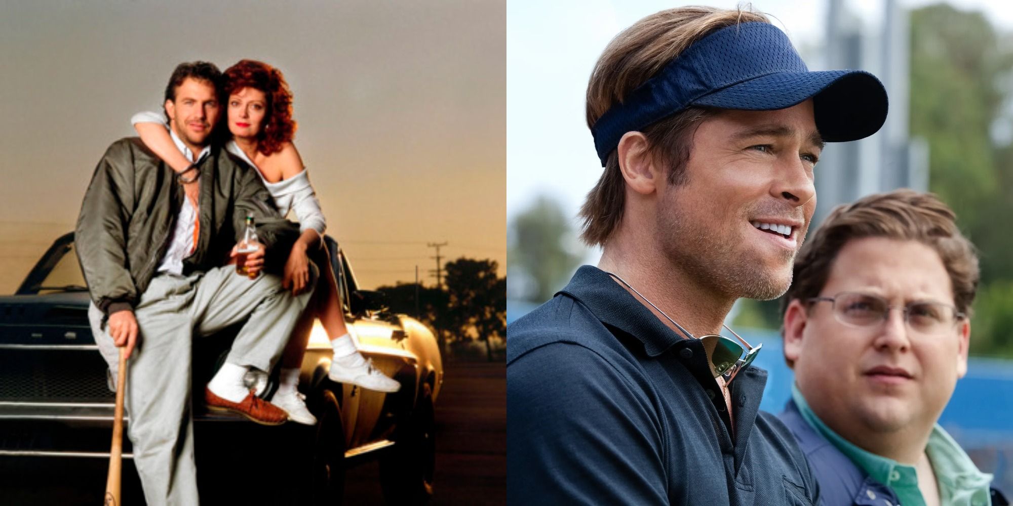 Split image showing characters from Bull Durham and Moneyball.