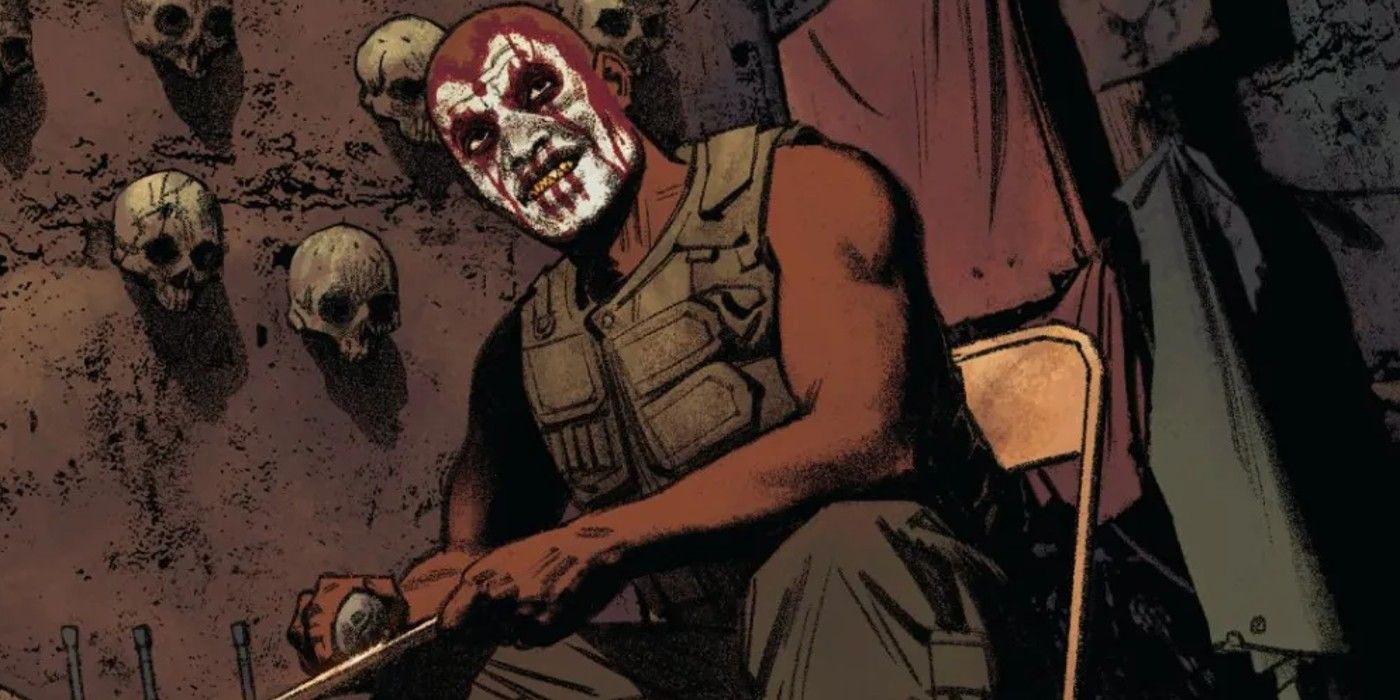 Bushman smiling while sharpening a knife in Marvel comics