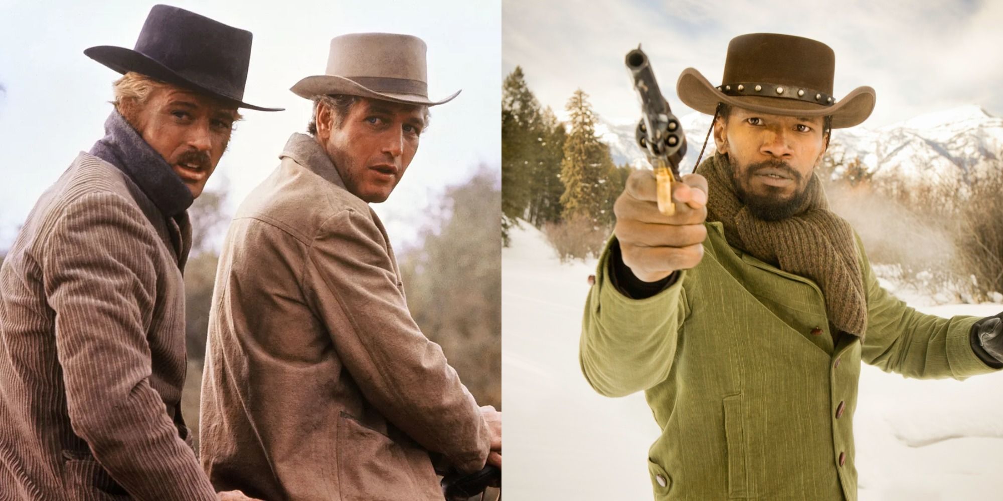 Split image showing Butch Cassidy and the Sundance Kid and Dhango in Django Unchained.