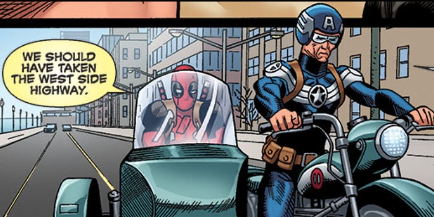 Captain America and Deadpool Motorcycling.
