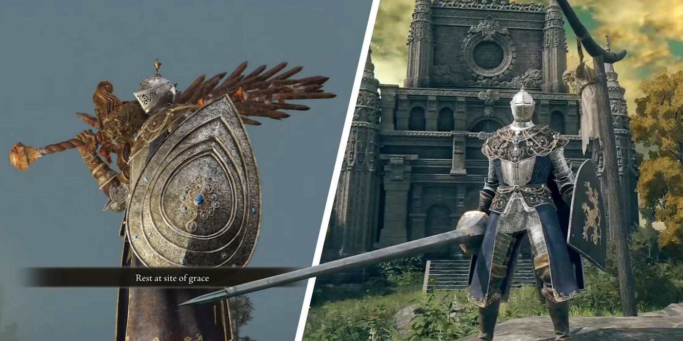 Two different shots of Elden Ring characters both wearing Carian Knight armor