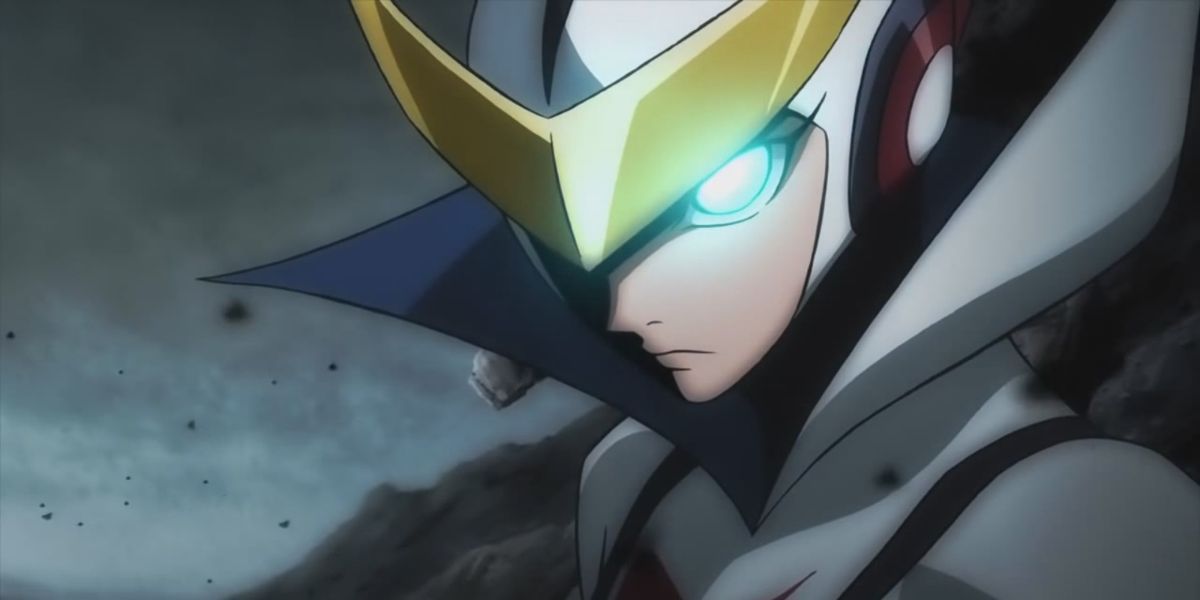 Still of Casshern Sins' main character with blue flashing eyes