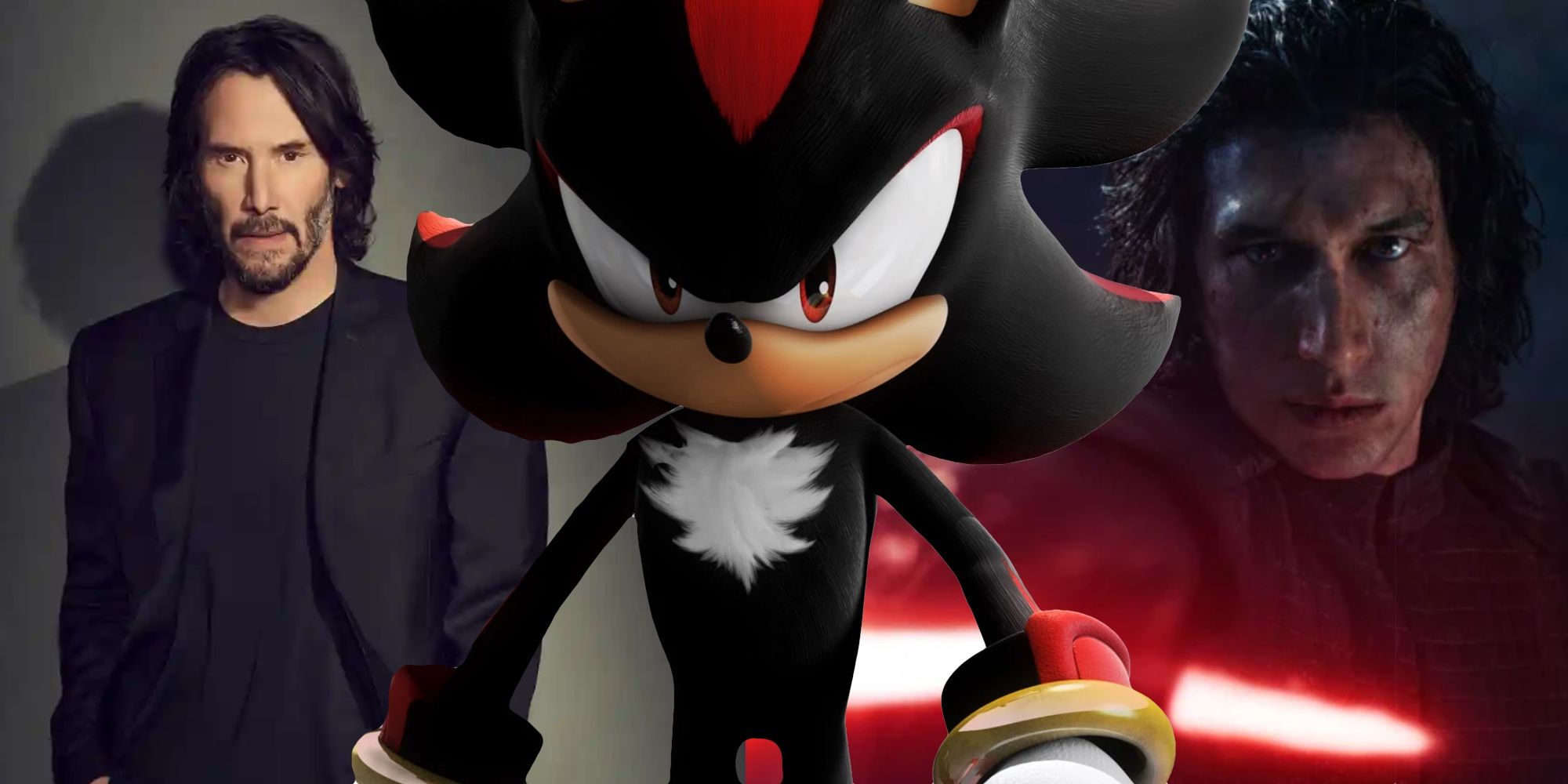 A blended image features Keanu Reeves and Adam Driver behind Shadow the Hedgehog