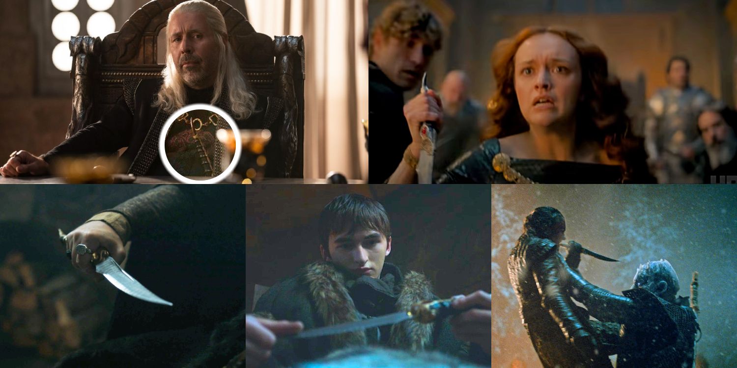 Catspaw Valyrian steel dagger in House of the Dragon and Game of Thrones with Viserys, Alicent, Bran, and Arya