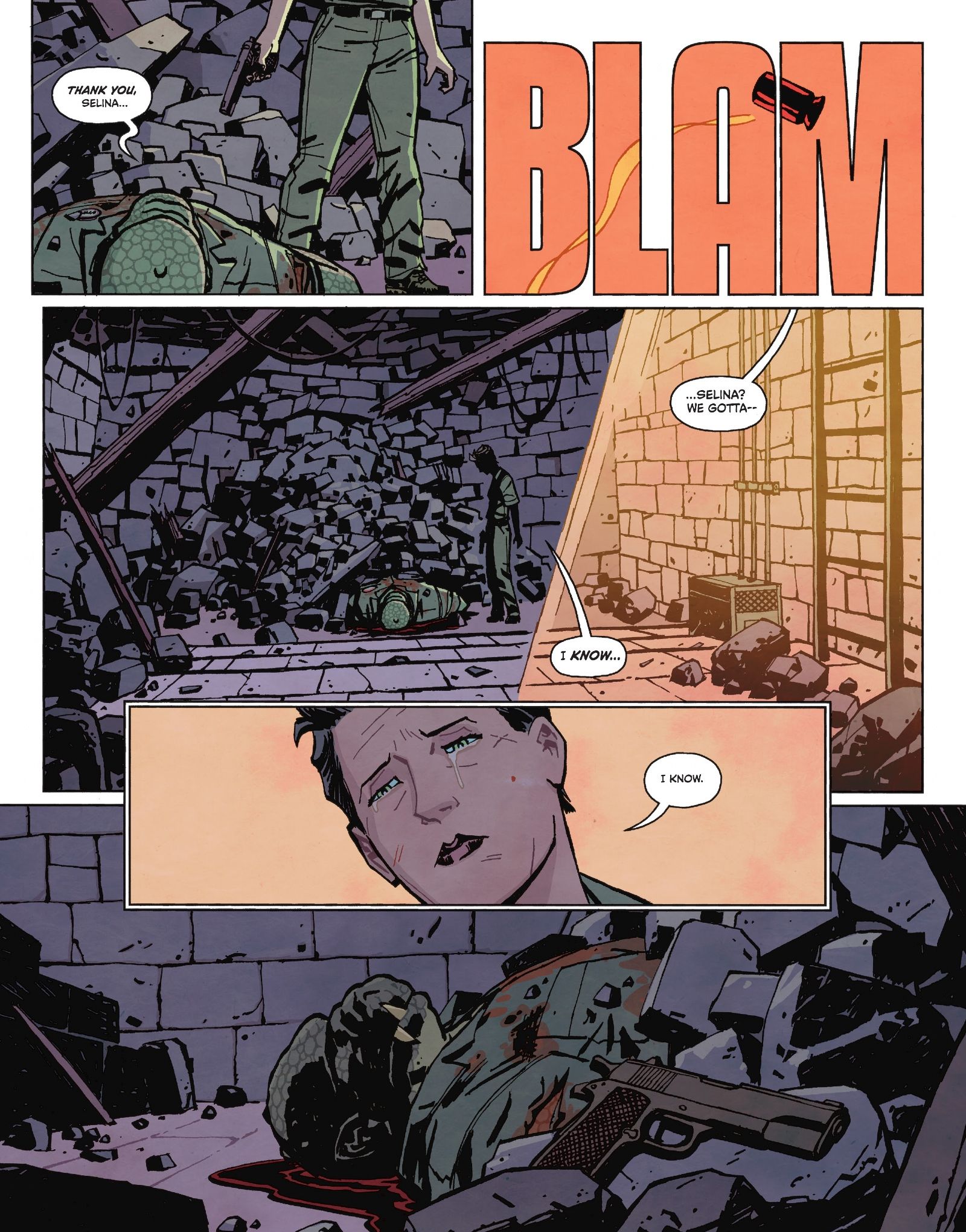 Catwoman shoots Killer Croc.