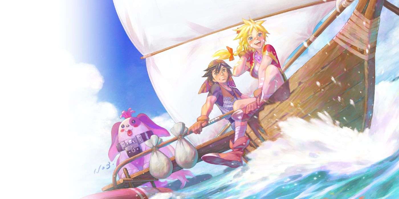 In art for Chrono Cross, Kid and Serge sail on a boat with a pink dog behind them.