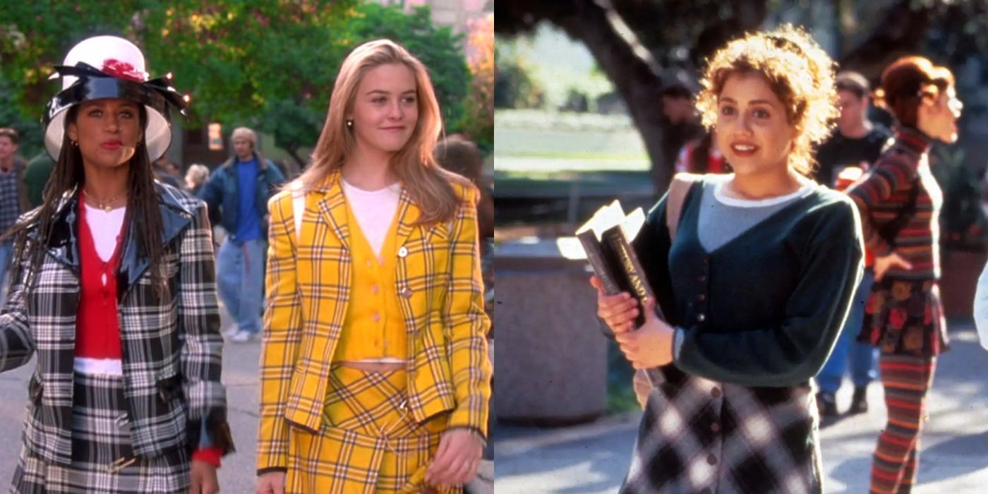Split image of Dionne, Cher, and Tai walking outside in Clueless