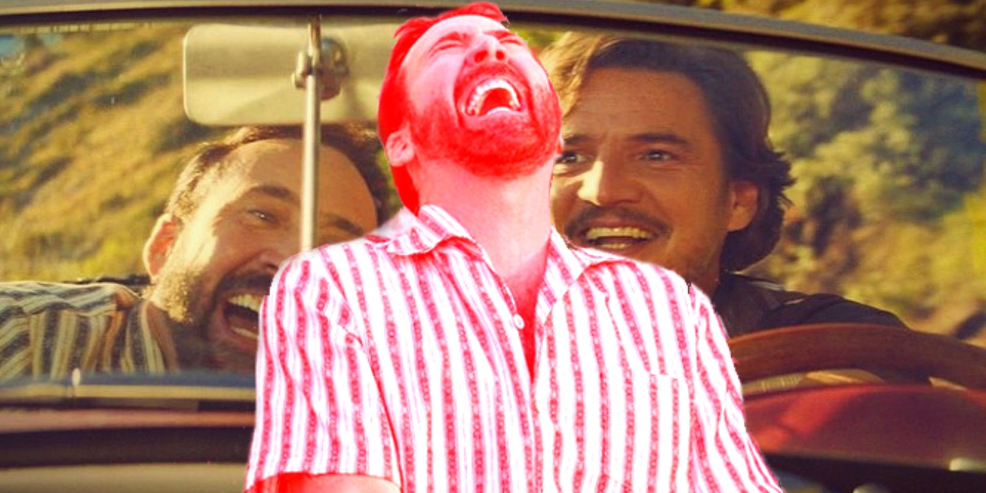 A collage of Nicolas Cage and Pedro Pascal laughing in The Unbearable Weight of Massive Talent