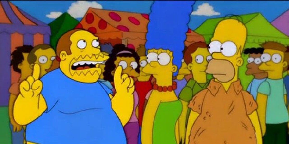 Comic Book Guy talking to Marge and Homer on The Simpsons