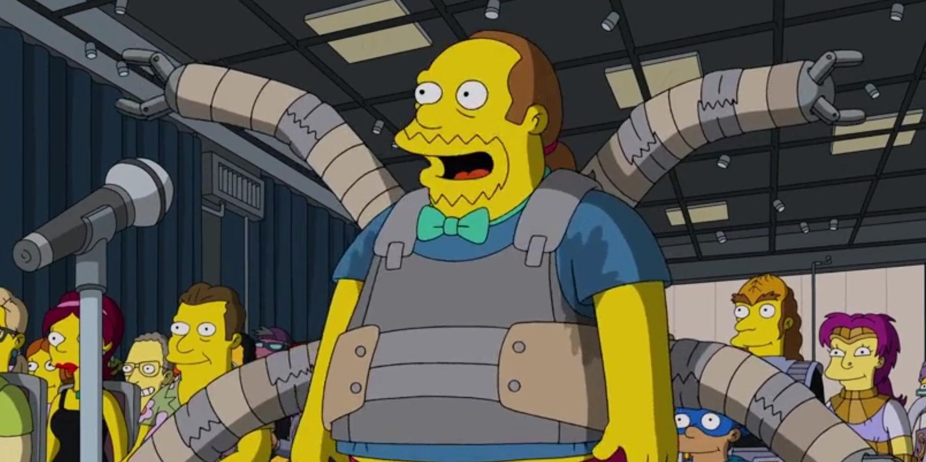 Comic Book Guy prepares to ask his question at Comic Con, to win his dream Marvel job.