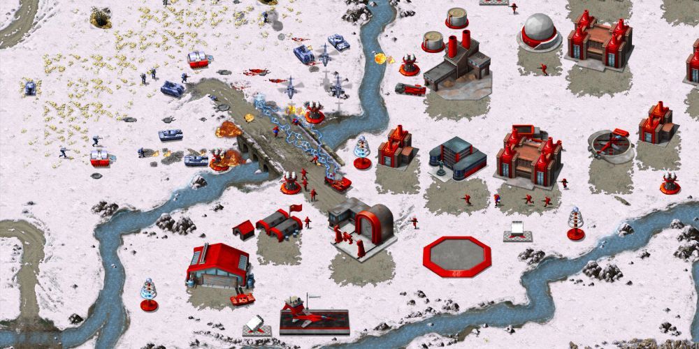 Gameplay from Command &amp; Conquer: Red Alert, as forces face off in the snow.