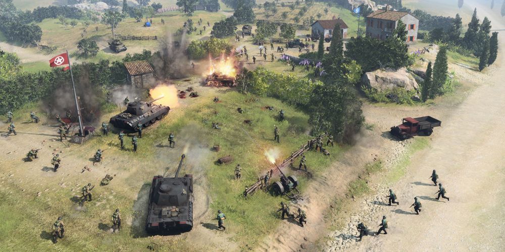 Gameplay from Company of Heroes, as they attack tanks.