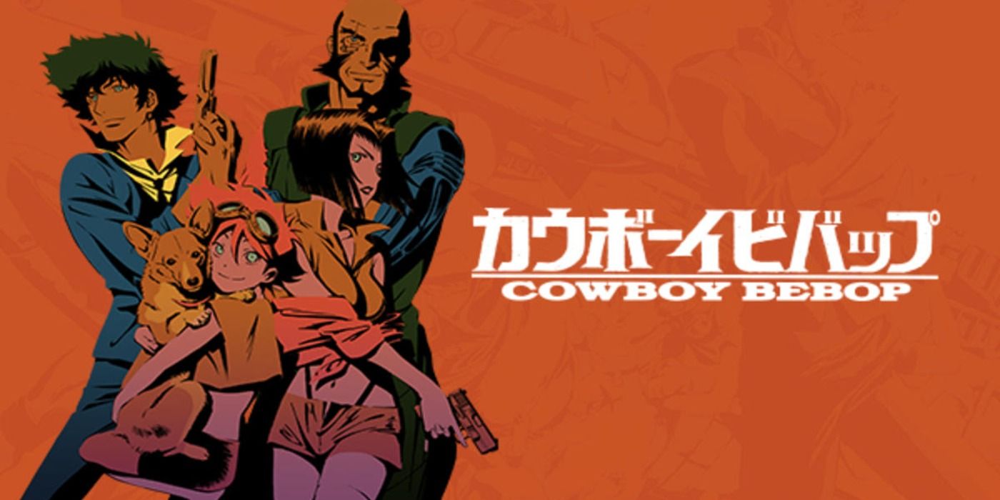 The main cast of Cowboy Bebop in a retro-style orange poster