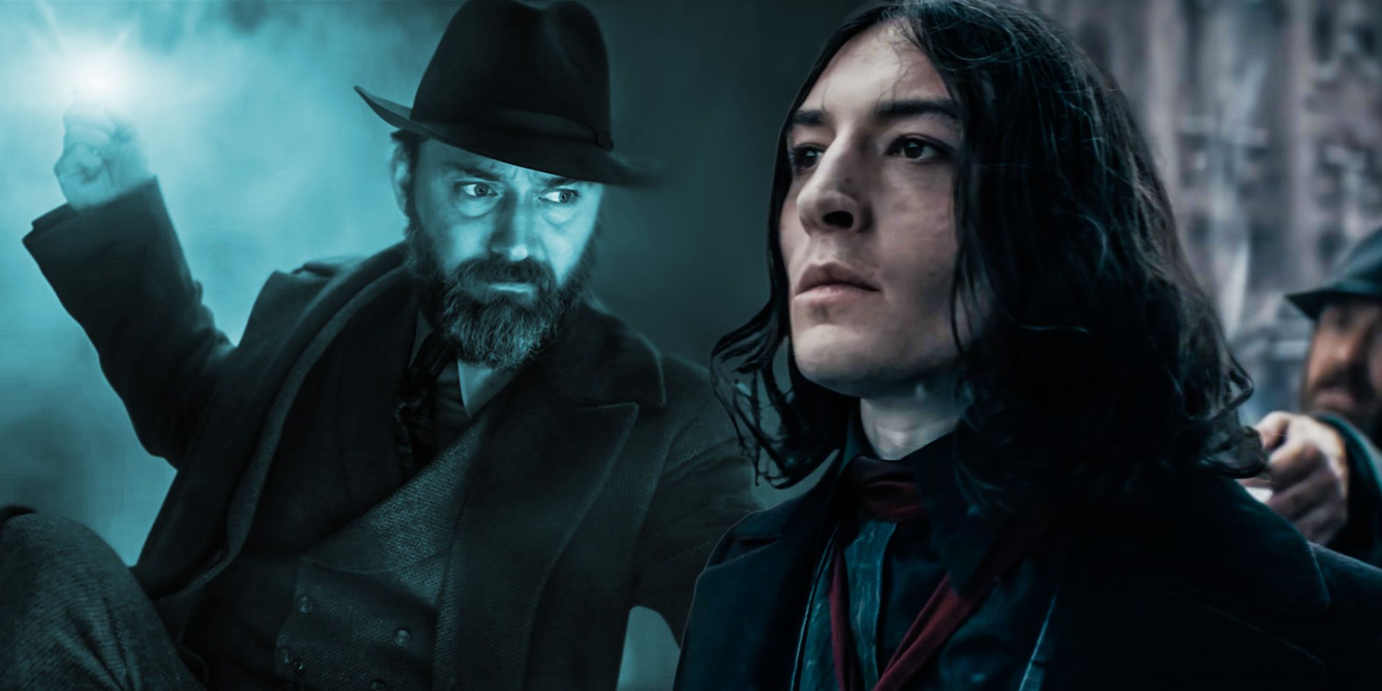 Split image of Credence and Dumbledore in Fantastic Beasts 3