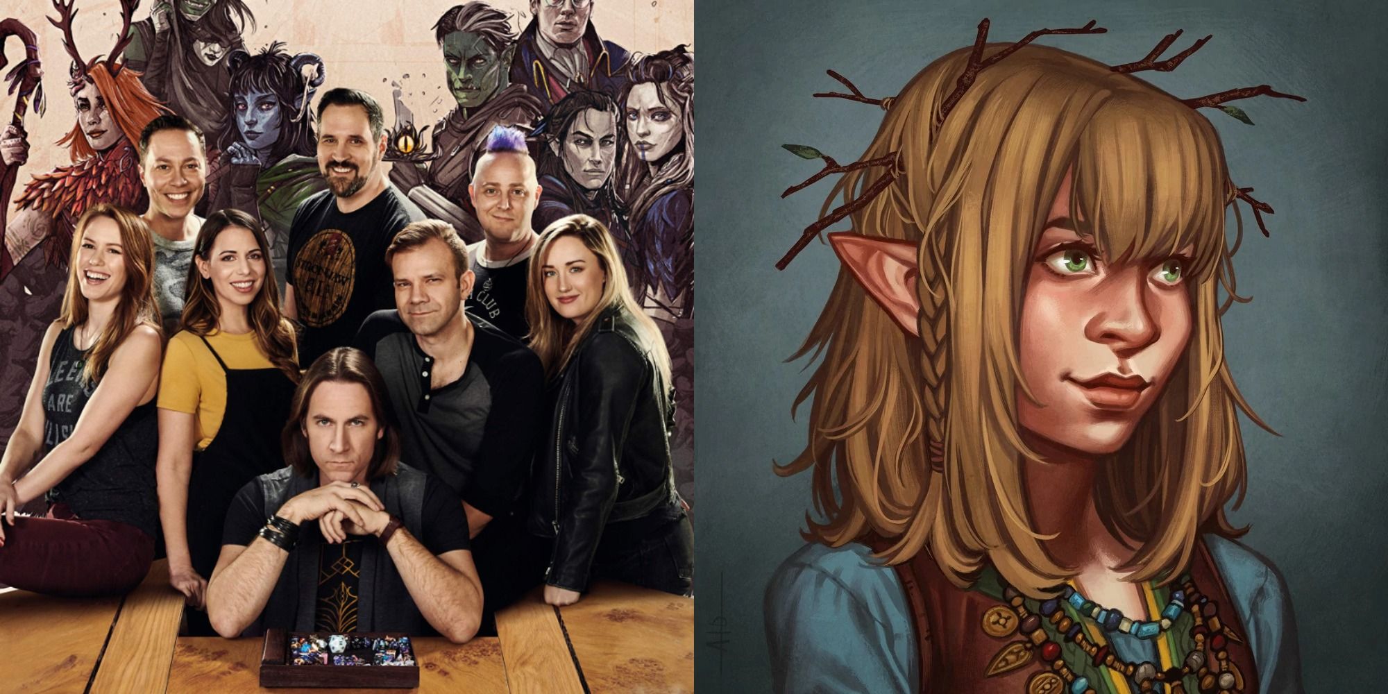 Split image showing the cast of Critical Role and Twiggy's portrait.