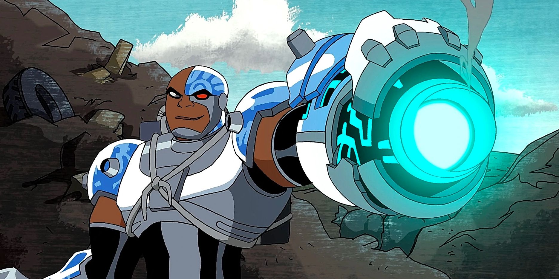 Cyborg smiling and aiming his blaster in Teen Titans.