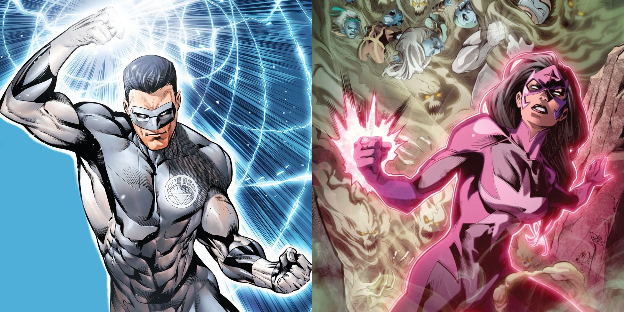 Imagem dividida mostrando Kyle Rayner e Star Sapphire na DC Comics.