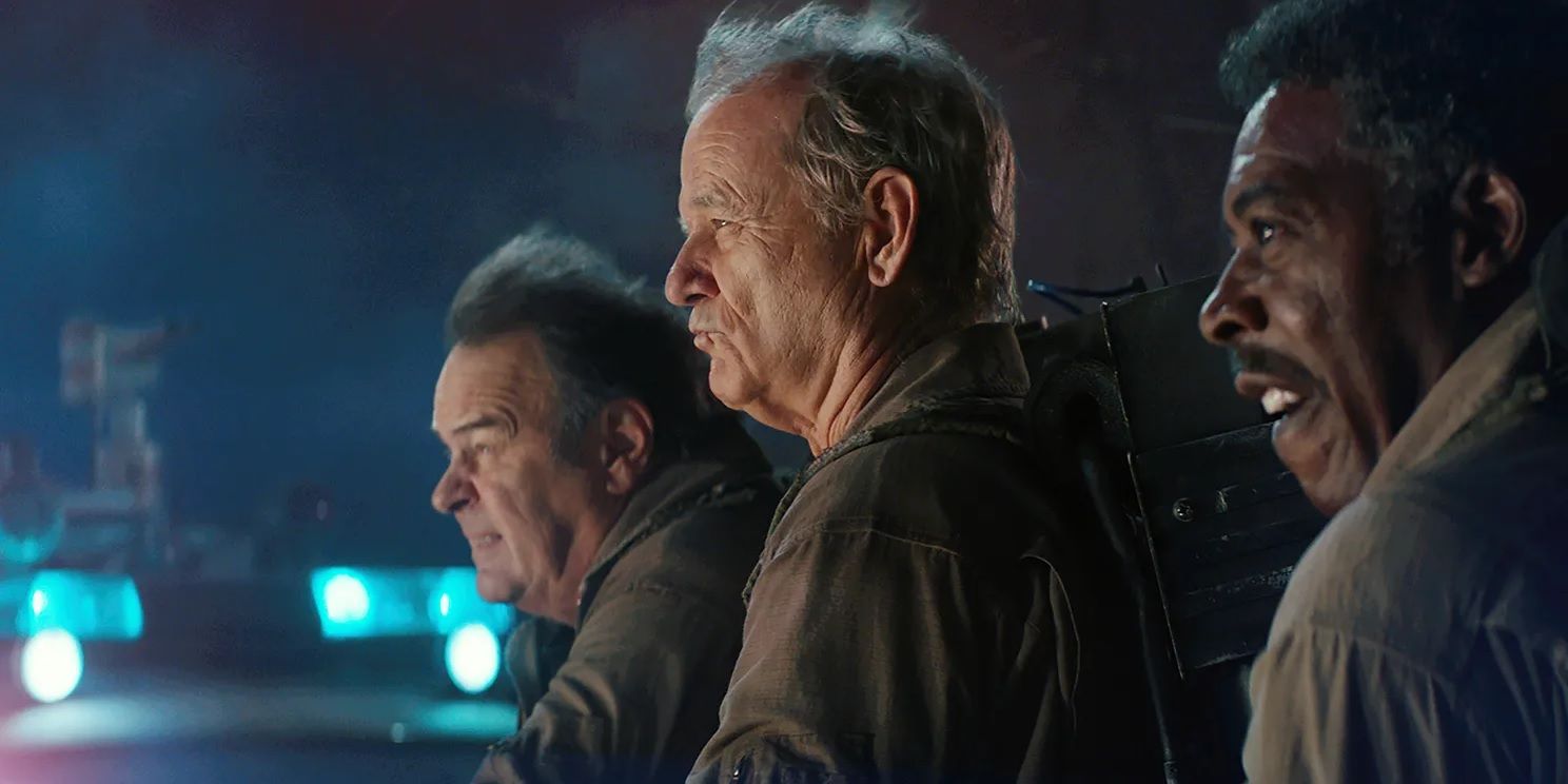 Dan Aykroyd, Bill Murray, and Ernie Hudson in the final battle of Ghostbusters Afterlife