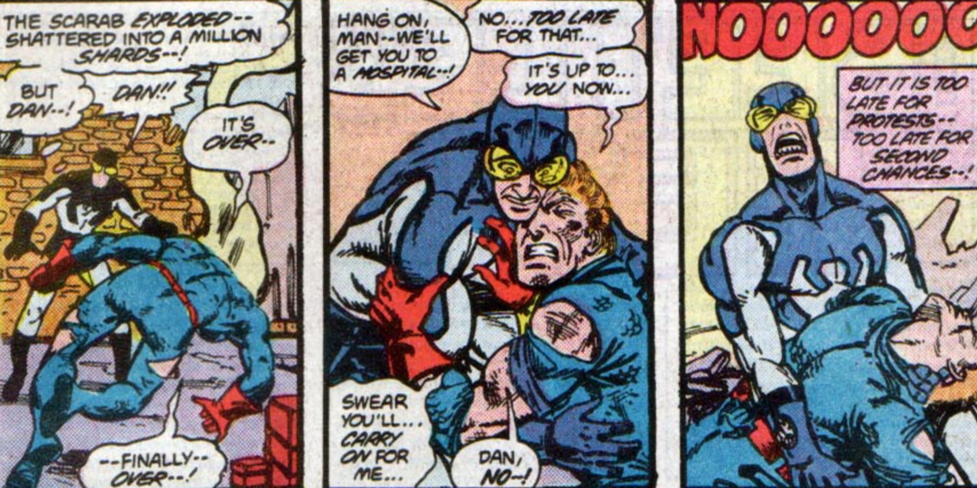 Dan Garrett passing the Blue Beetle moniker onto Ted Kord in Blue Beetle #18 1987