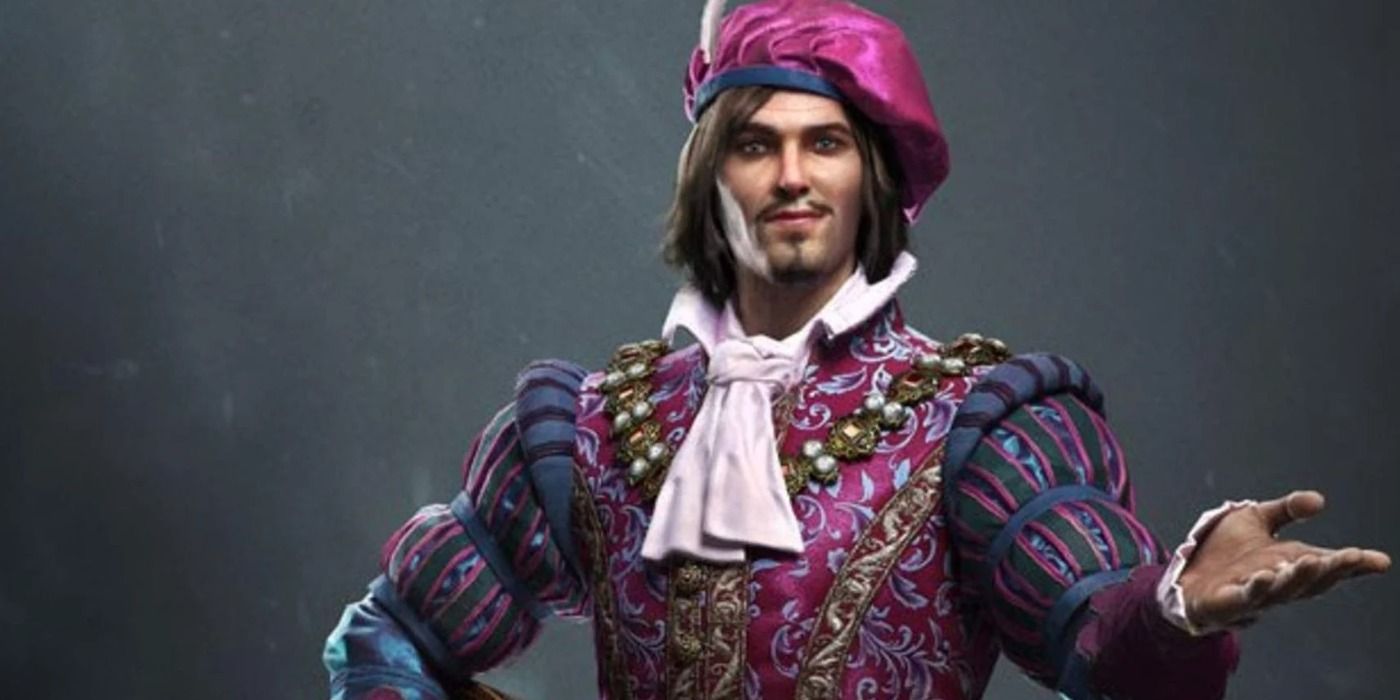 Dandelion in his bard outfit in The Witcher 3 promo art
