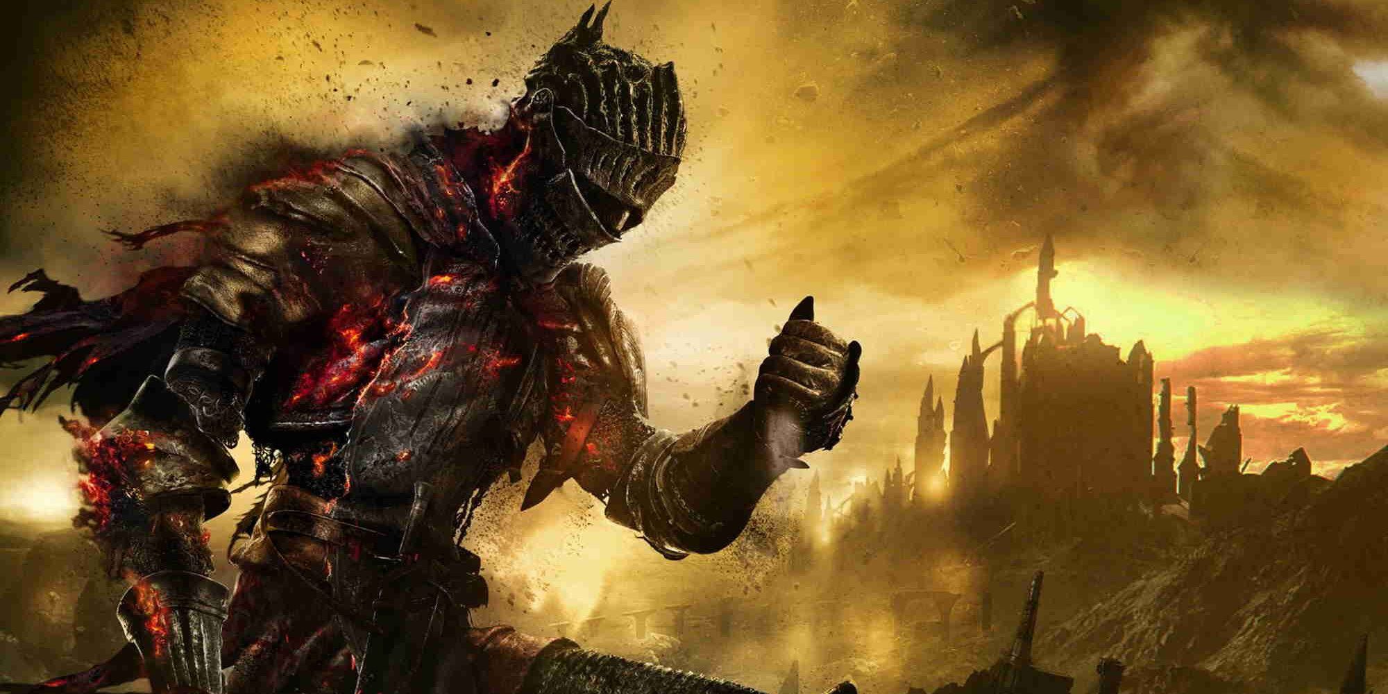 Cover Art for Dark Souls 3 showing a player character covered in embers holding ash that falls through their fingers with a large castle in the distance