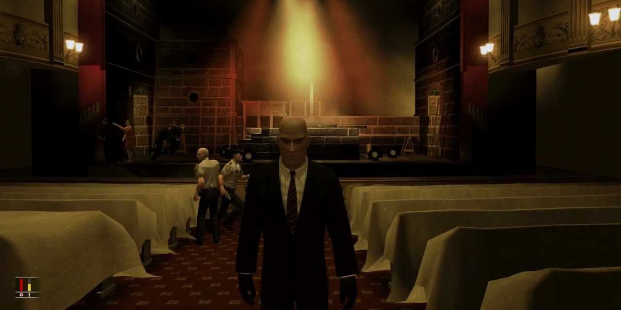 agent 47 walking through theatre in curtains down mission