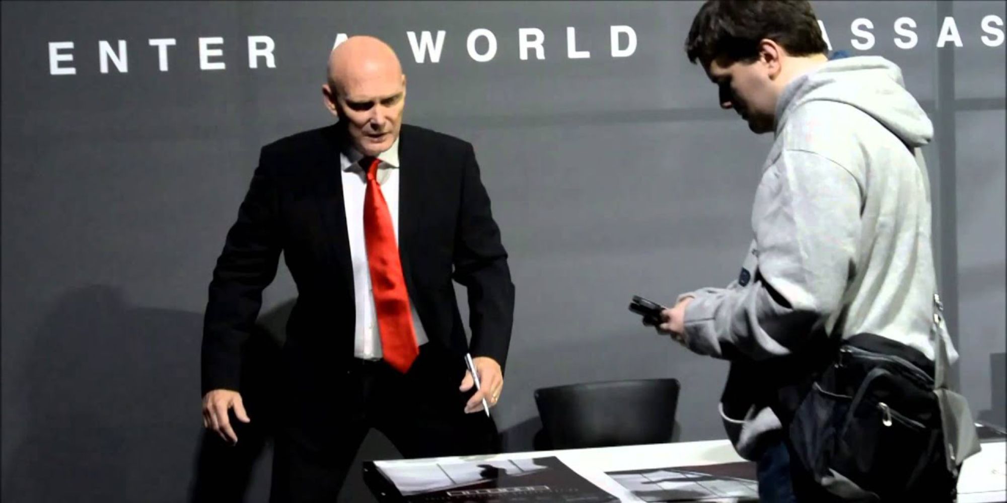 david bateson dressed as agent 47 and meeting fans