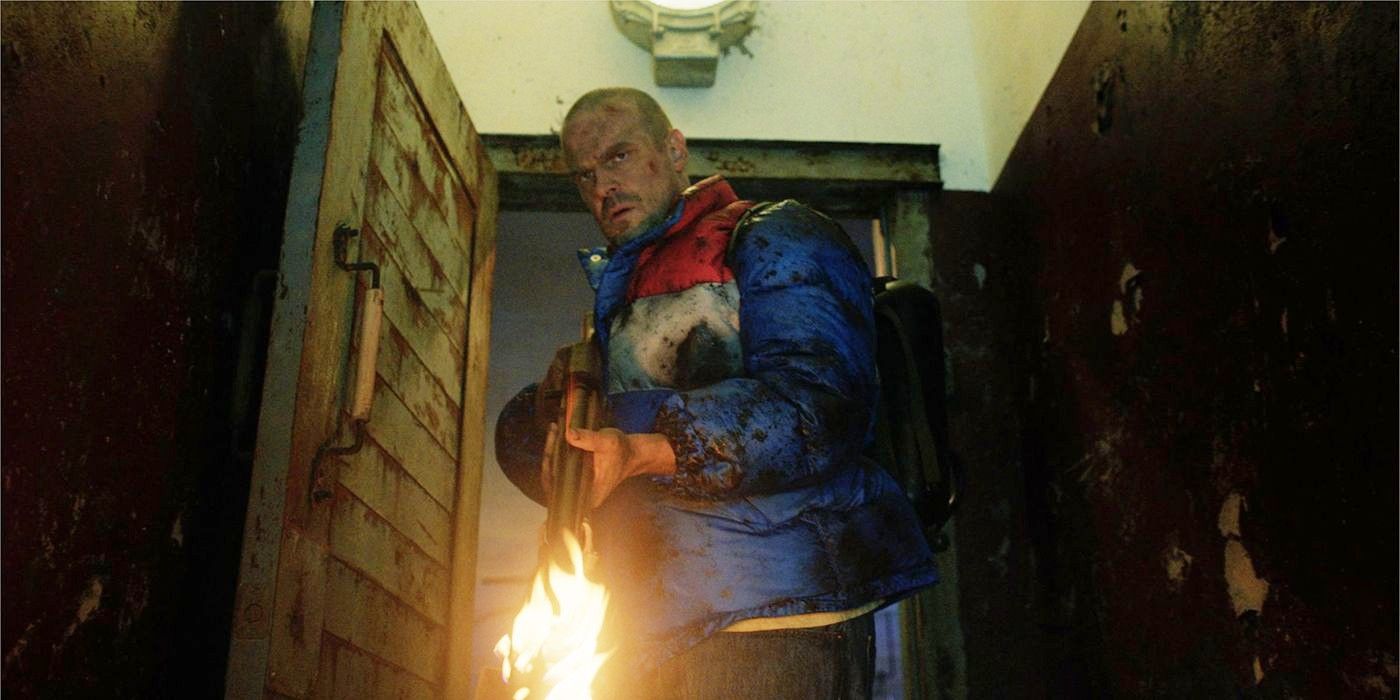 David Harbour with Flame Thrower