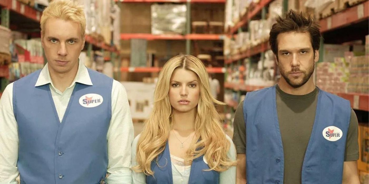 Dax Shepard, Jessica Simpson, and Dane Cook walking down an aisle in a retail store they work at