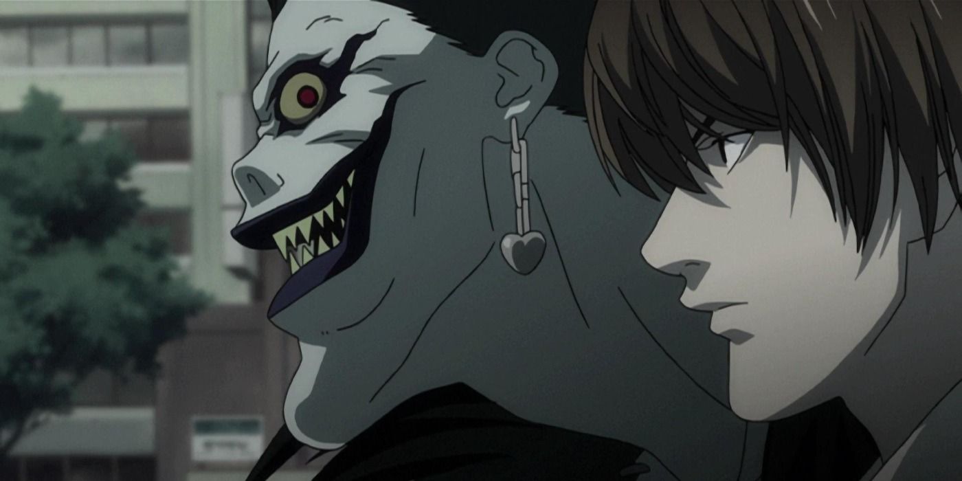 The shinigami Ryuk standing with Light Yagami in Death Note
