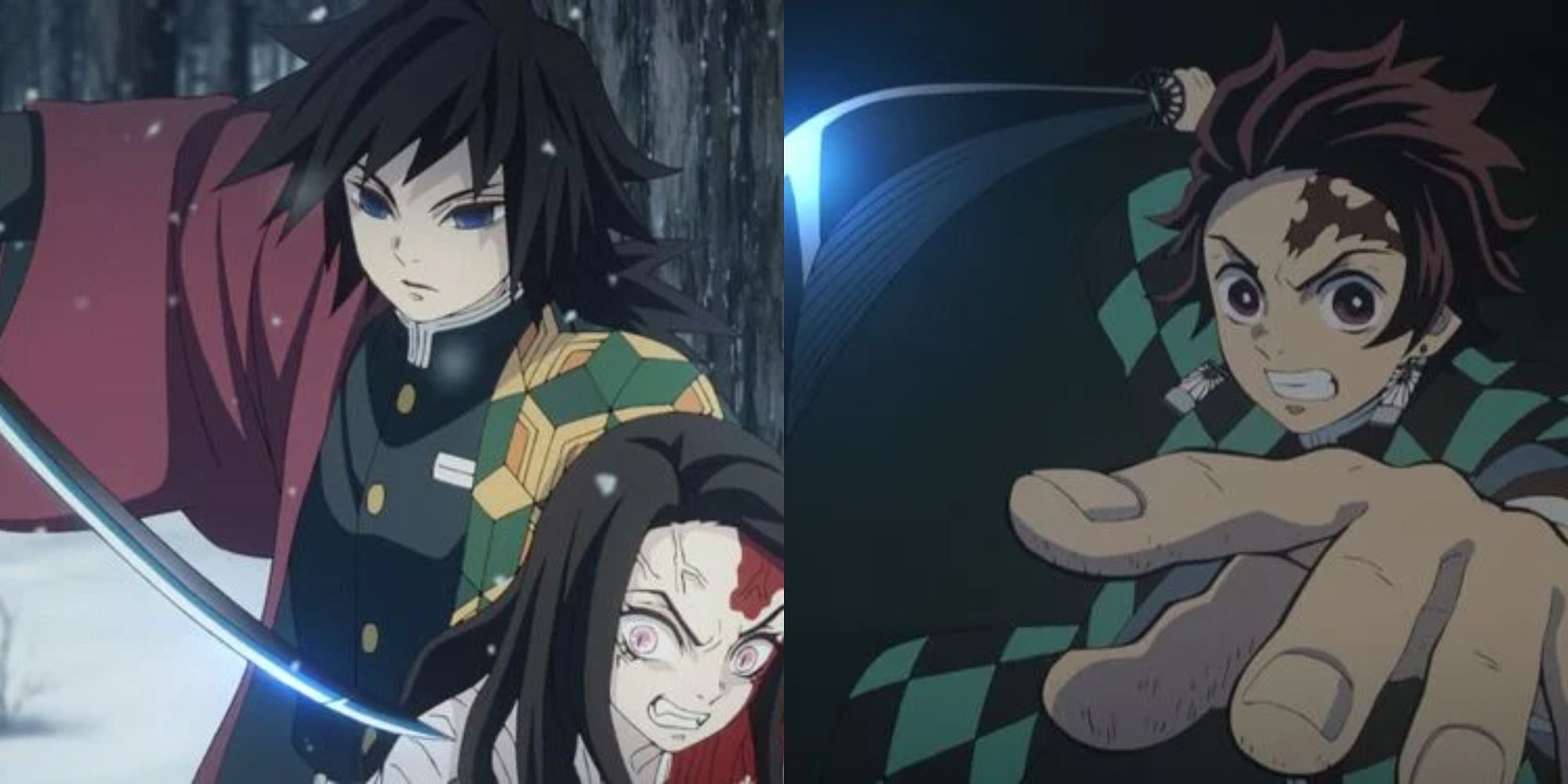 Split image showing two characters wielding a blue and black sword in Demon Slayer.