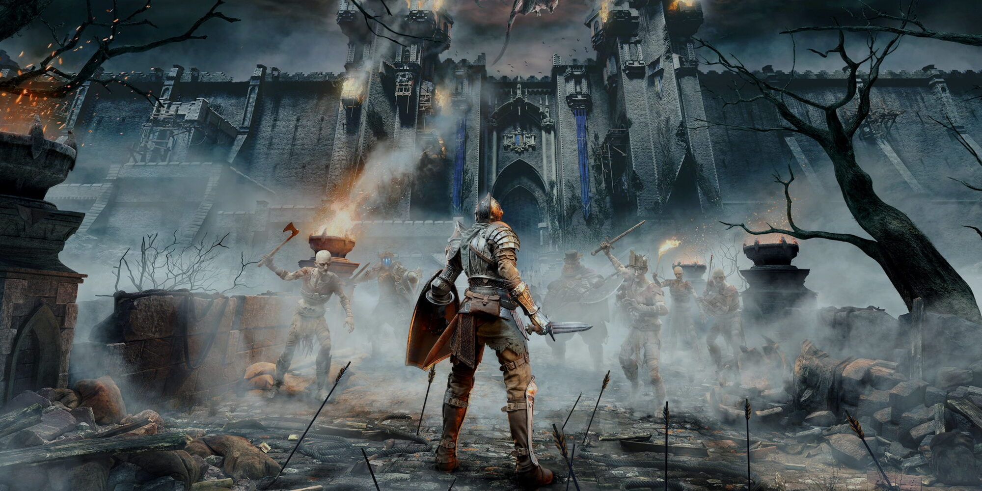 A Demon's Souls player stands at the base of a castle while zombies charge at him