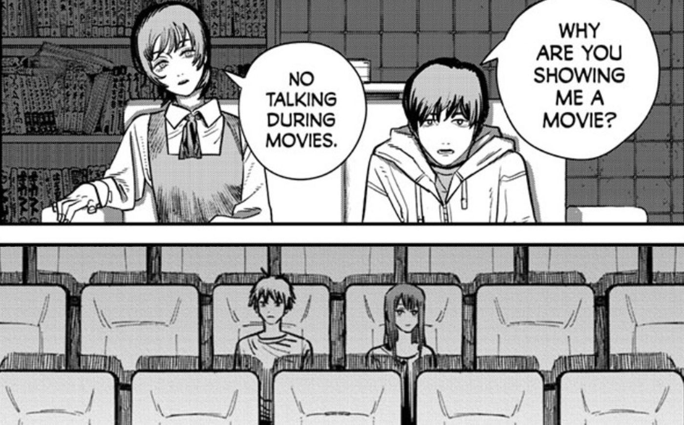 Denji and Makima at the movies in Chainsaw Man chapter 39 and Yuta and Eri watching movies in Goodbye, Eri.