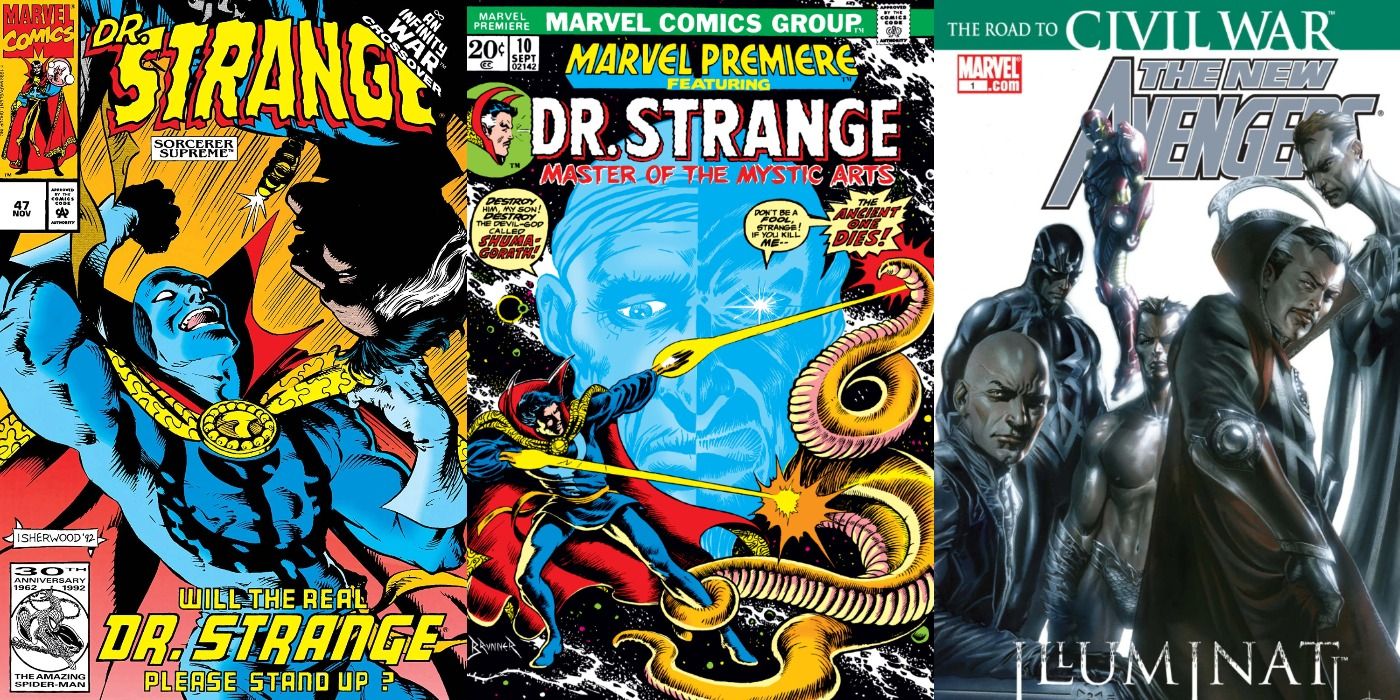 Split image of comic covers of Doctor Strange 47, Marvel Premiere 10, and New Avengers: Illuminati 1.