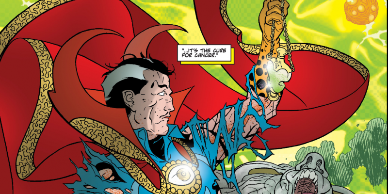 Doctor Strange in a green/toxic realm, wearing torn clothes and holding the cure for cancer.