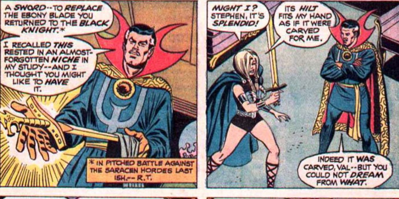 Doctor Strange gives Valkyrie a sword in Marvel Comics.