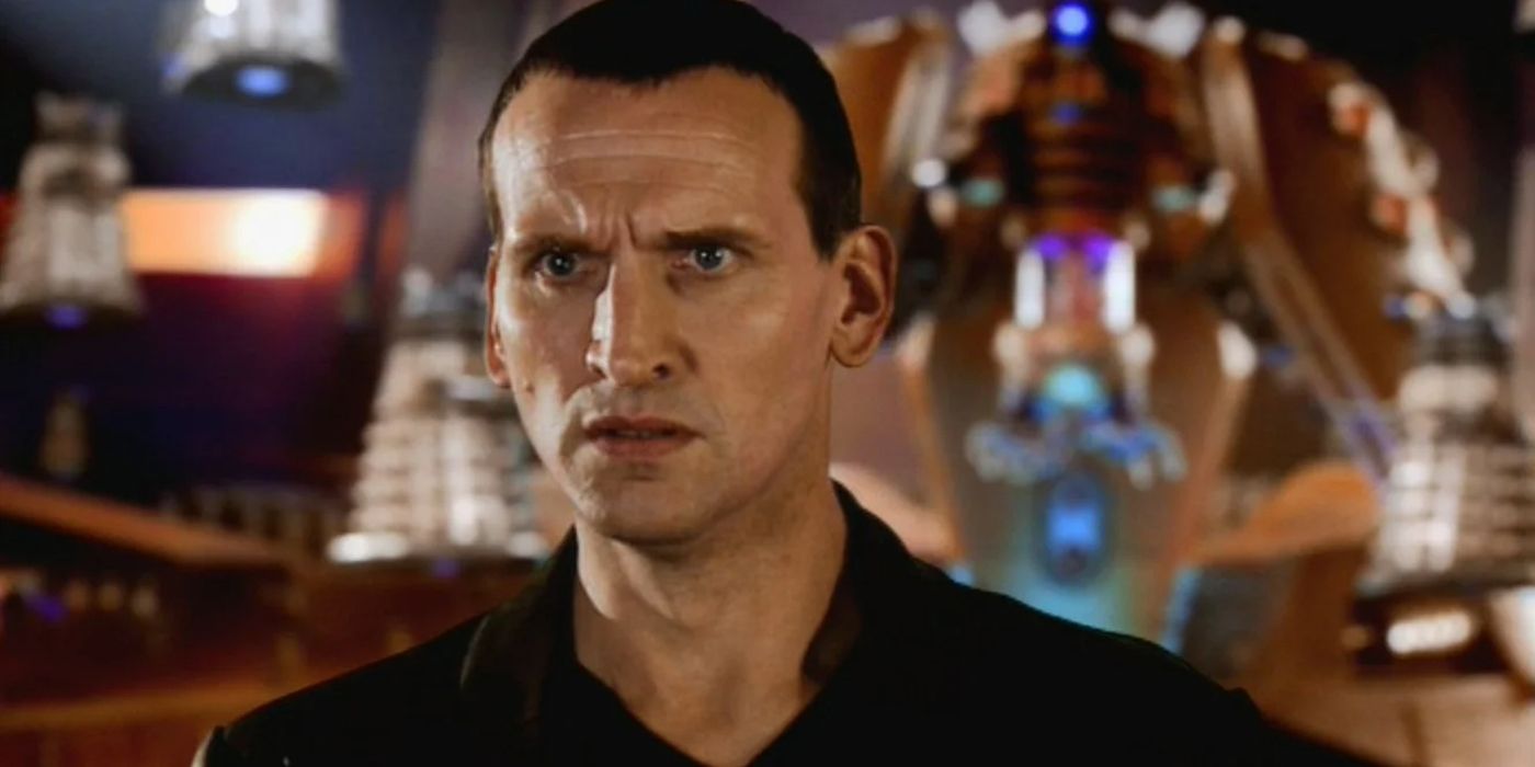 The Ninth Doctor frowning in Doctor Who.