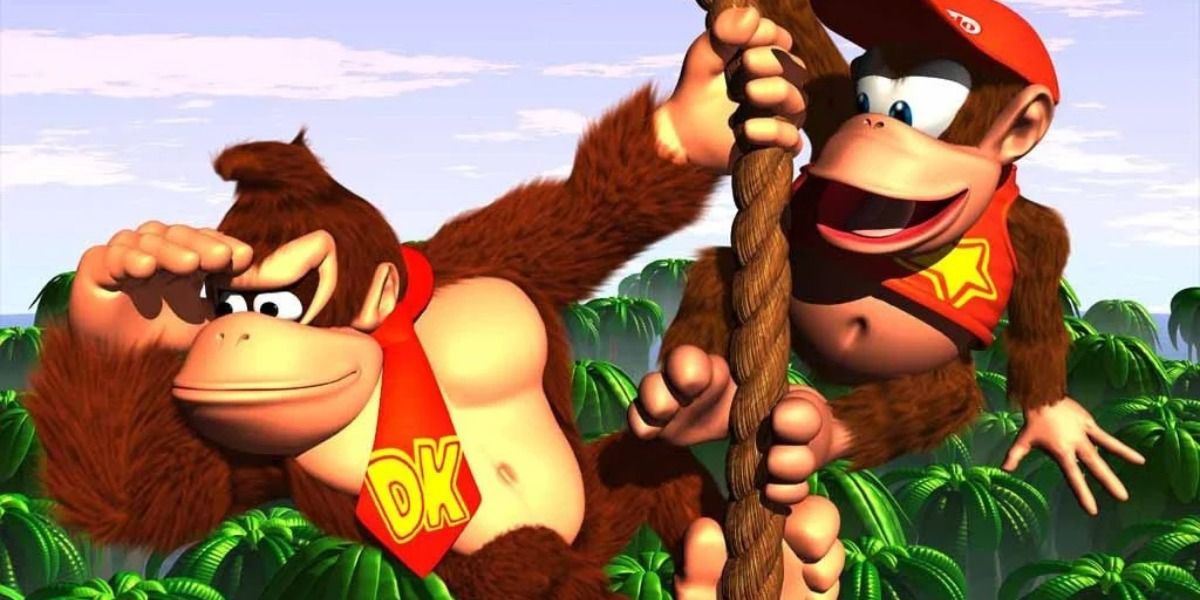 Donkey Kong and Diddy Kong dangle from a rope in Donkey Kong Country.