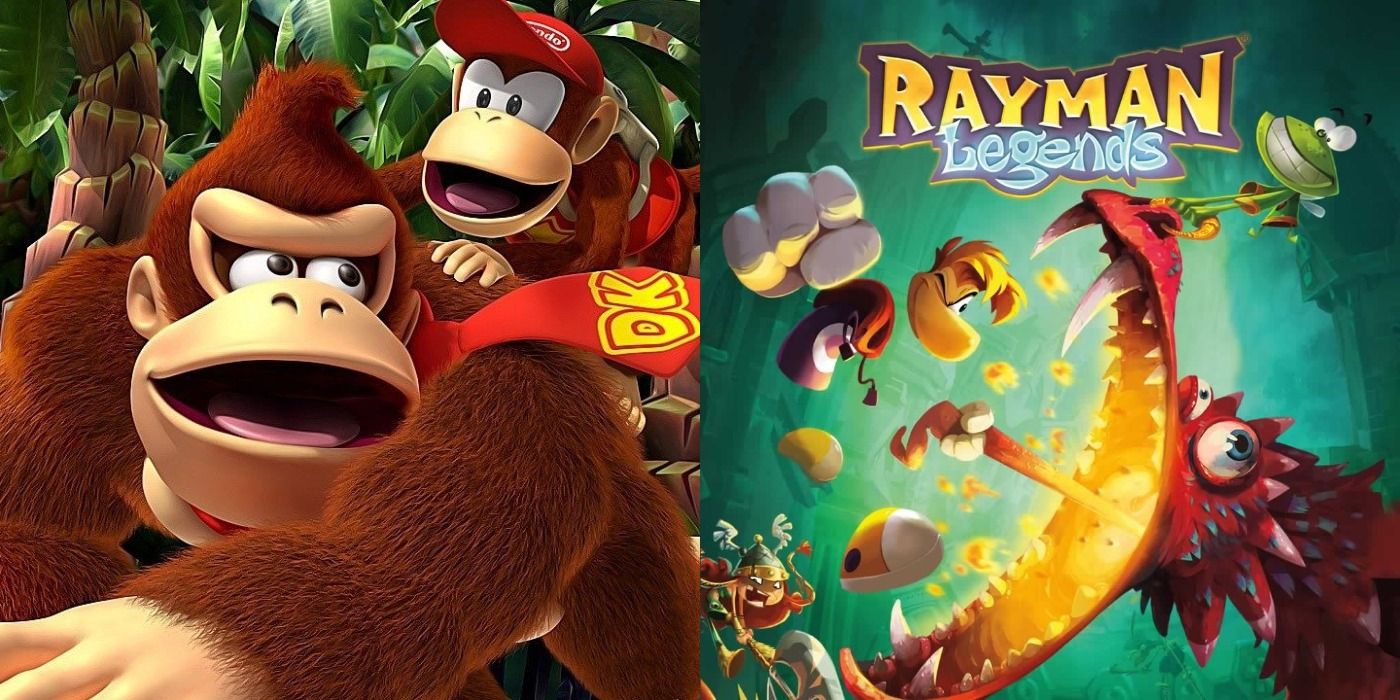 Split image of Donkey Kong with Diddy Kong and cover art for Rayman Legends