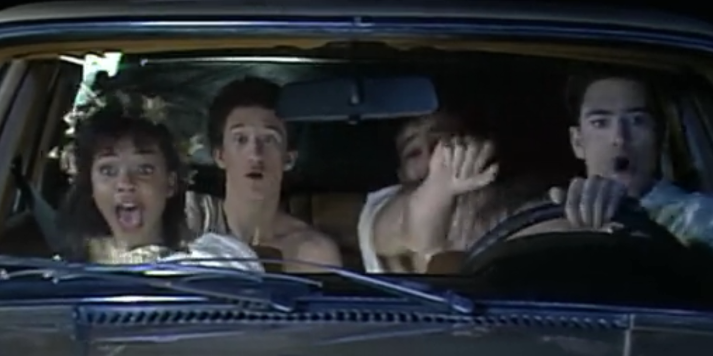 Lisa, Screech, Slater, and Zack in the car about to crash