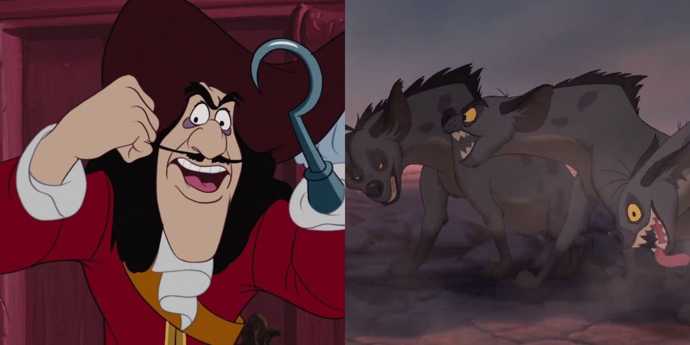 Dual photo of Captain Hook and the hyenas from The Lion King