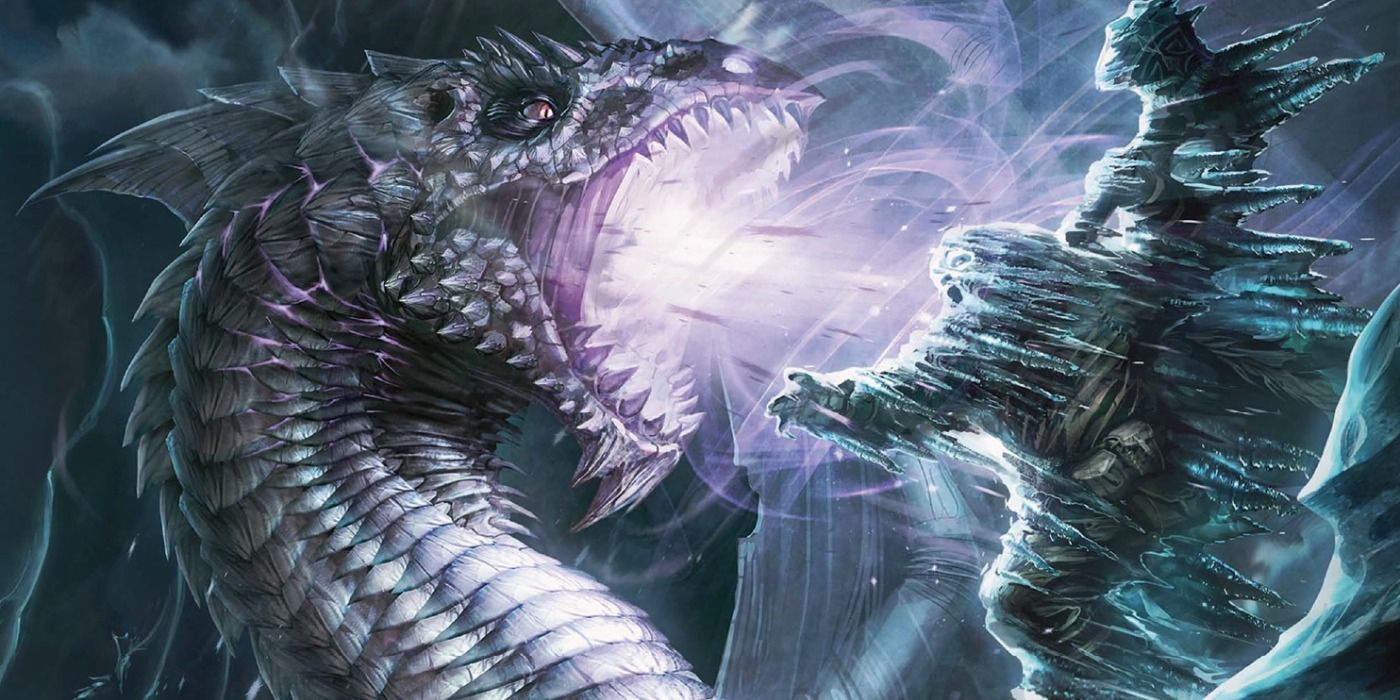 Dungeons &amp; Dragons Hoard of the Dragon Queen Cover showign a dragon breathing ice on a freezing figure.