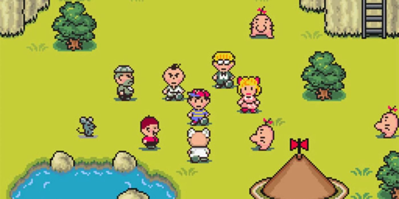 Ness and co. in the delightfully goofy pixel art style of EarthBound