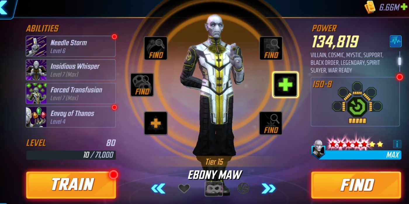 Ebony Maw's roster page in Marvel Strike Force