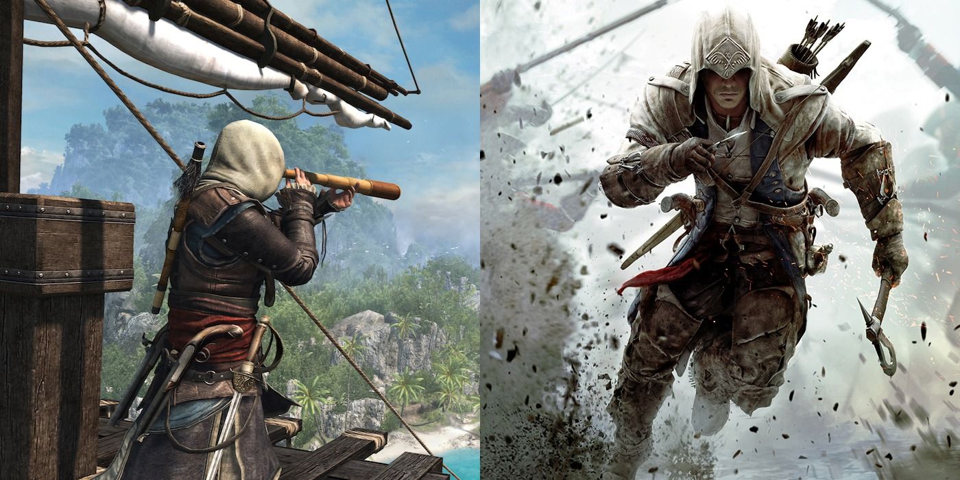 Edward Kenway gazes across the sea and Connor Kenway battles the British.