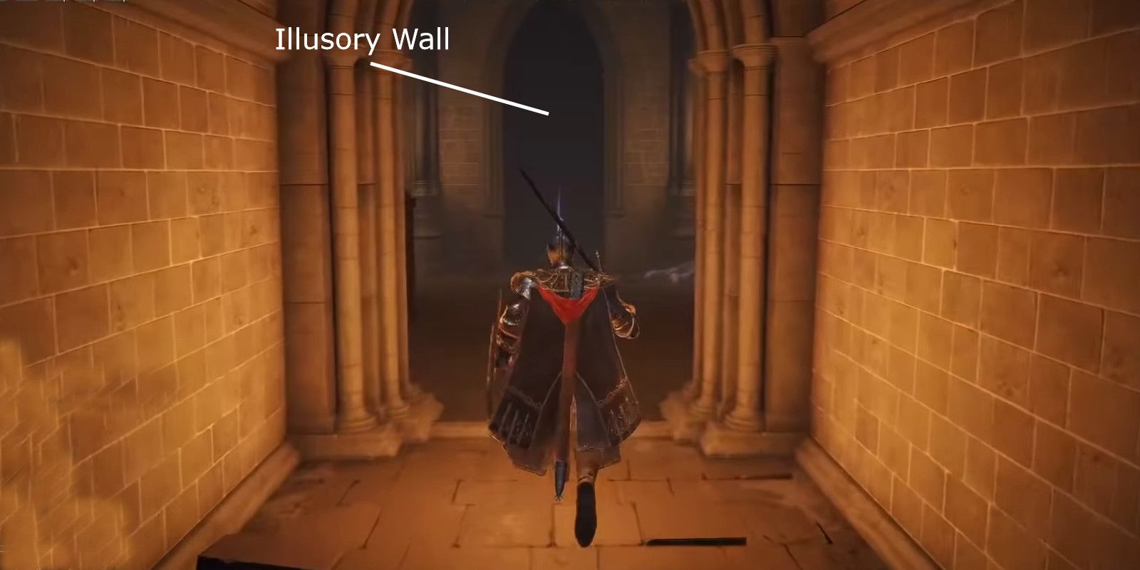 An image of an Elden Ring player inside the Academy of Raya Lucaria with an illusory wall highlighted