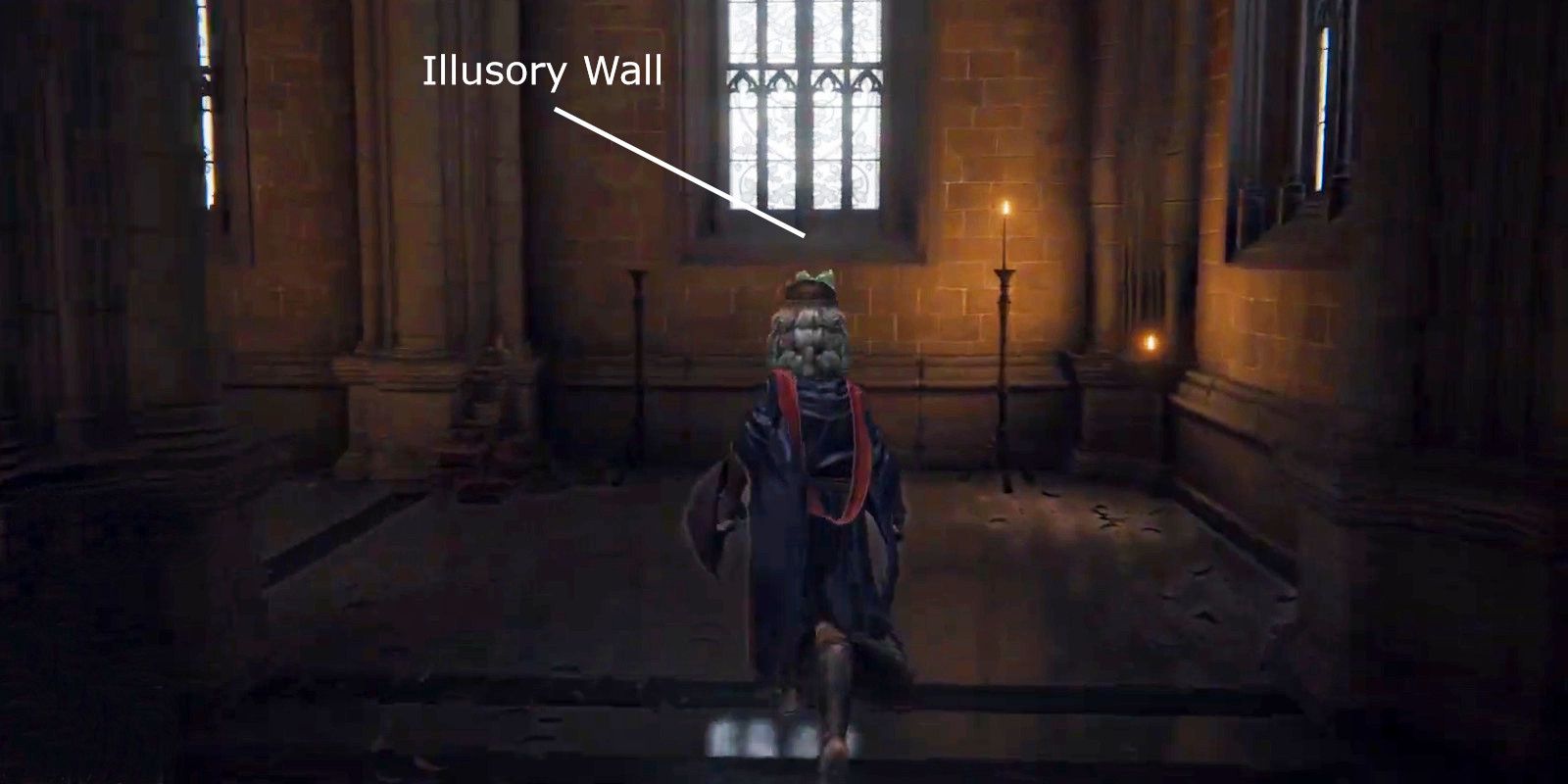 An image of an Elden Ring player inside the Academy of Raya Lucaria with an illusory wall highlighted
